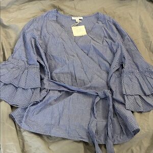 beachlunchlounge Blue Striped Wrap Top with Ruffle Sleeves